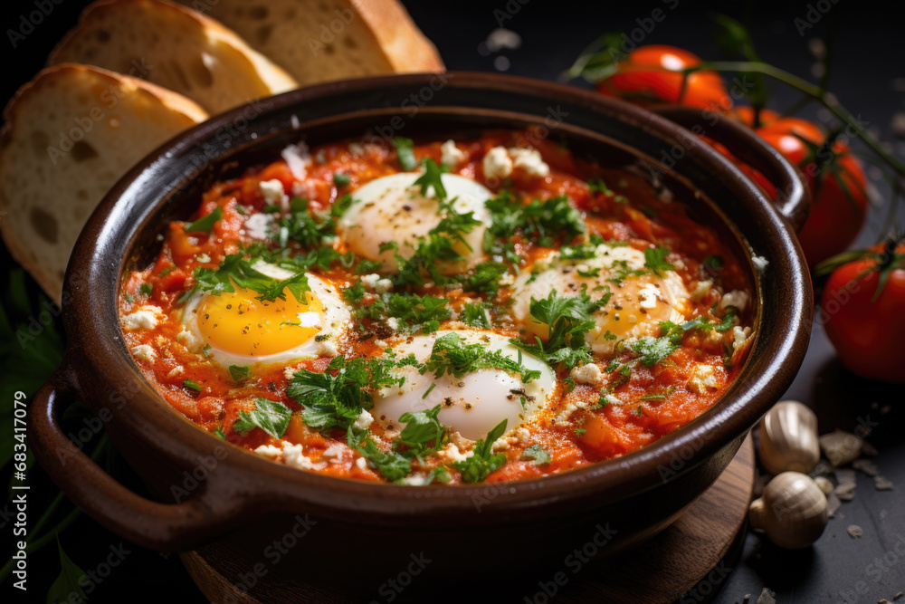 Shakshouka israely food in ceramic bowl.