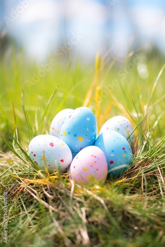 Easter eggs in the grass with flowers. 