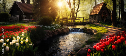 Spring forest nature landscape, beautiful tulips spring flowers, stream, river rocks and old water mill in mountain forest