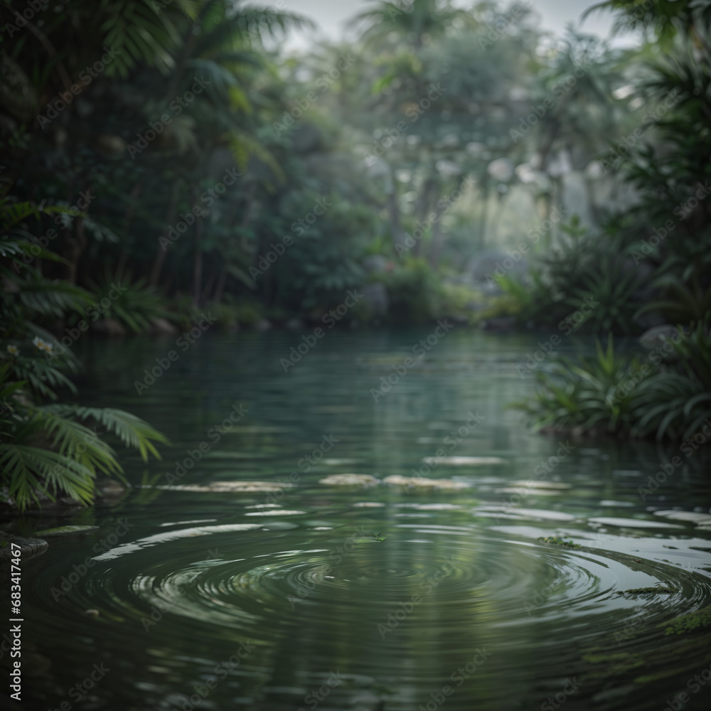 Water, pond in jungle, product display backdrop, nature background with leaves and palms with empty space, travel post. Generative AI. Water, pond in jungle, product display backdrop, nature background with leaves and palms with empty space, travel post. Generative AI.