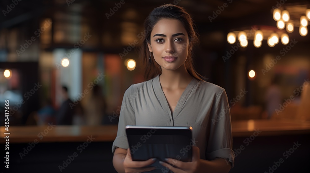 Female young woman waitress or restaurant owner with a slight smile holding a tablet looking at camera