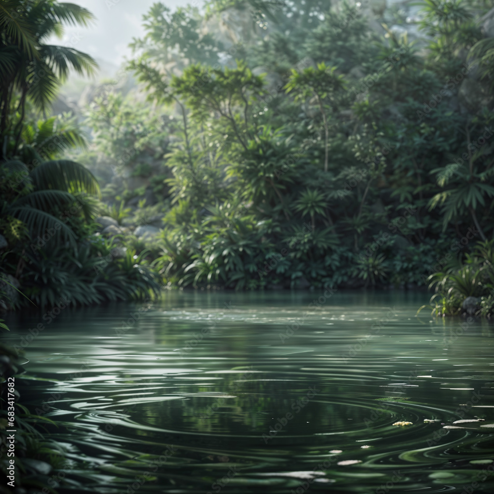 Water, pond in jungle, product display backdrop, nature background with leaves and palms with empty space, travel post. Generative AI. Water, pond in jungle, product display backdrop, nature background with leaves and palms with empty space, travel post. Generative AI.
