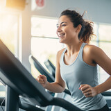 Happy smiling fitness woman running on treadmill. Generative AI