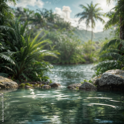 Water, pond in jungle, product display backdrop, nature background with leaves and palms with empty space, travel post. Generative AI.