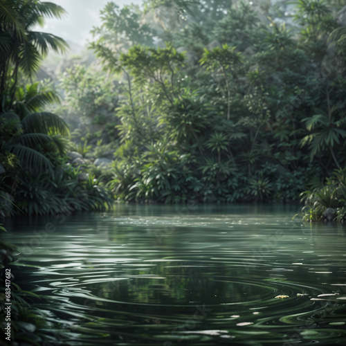 Water  pond in jungle  product display backdrop  nature background with leaves and palms with empty space   travel post. Generative AI.