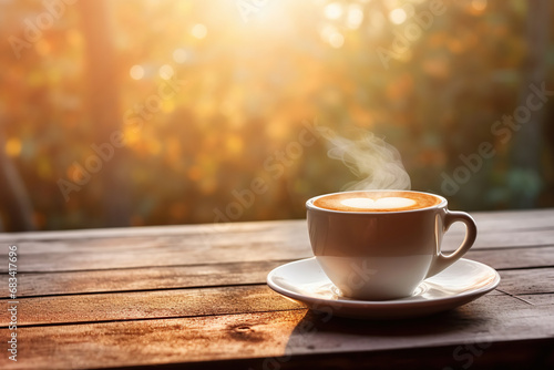 Cup of hot coffee on a wooden table on a blurred Background Outdoor  Copy space