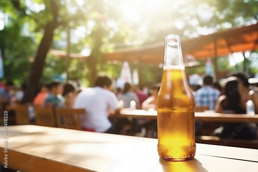 Glass bottle of craft cold beer on the table. Generative AI Glass bottle of craft cold beer on the table. Generative AI