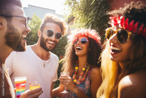 Portrait of happy best friends having party at backyard. Generative AI
