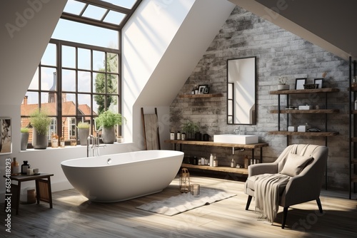 Bathroom under the roof in white  gray and brown colors.