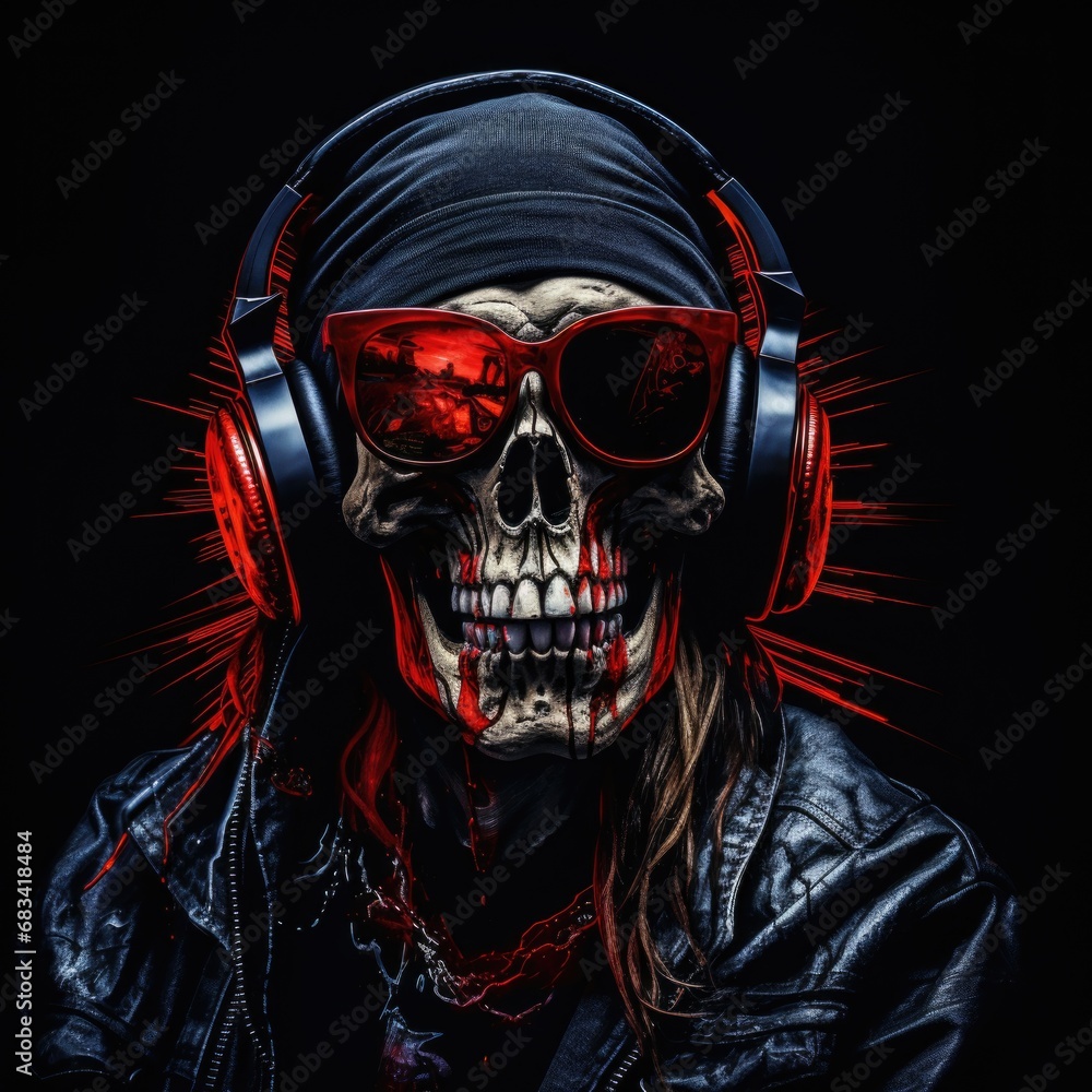 Human skull in a bandana and headphones. Hard rock, metal, playlist cover.