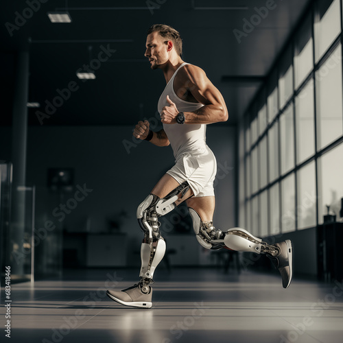 Sportsman with bionic prosthetic legs training at gym. Generative AI