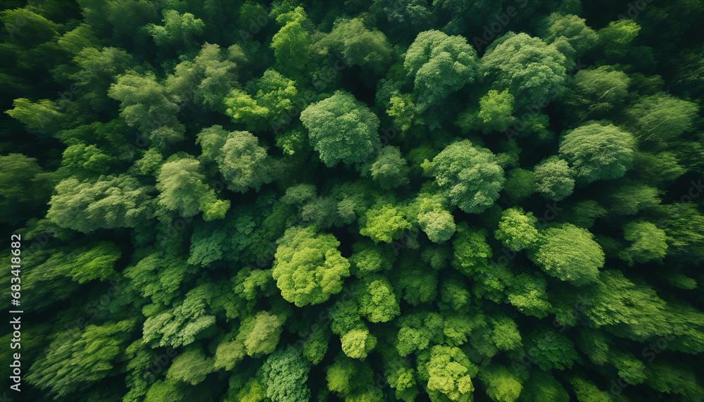 An expansive aerial shot capturing the lush greenery of a dense forest canopy, evoking feelings of nature and tranquility.