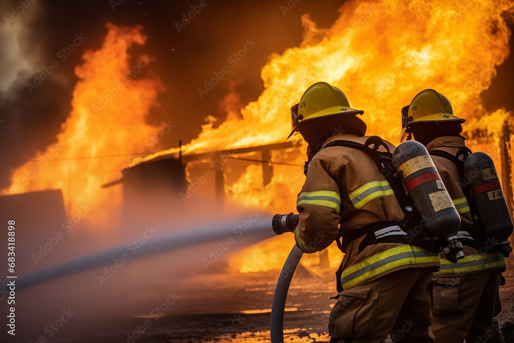 Obraz premium Firefighters team extinguishing fire with high-pressure water outdoor. Generative AI