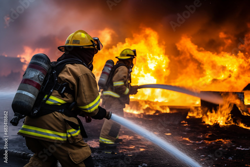 Firefighters team extinguishing fire with high-pressure water. Generative AI