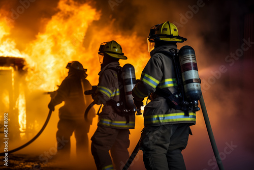 Firefighters team extinguishing fire with high-pressure water. Generative AI