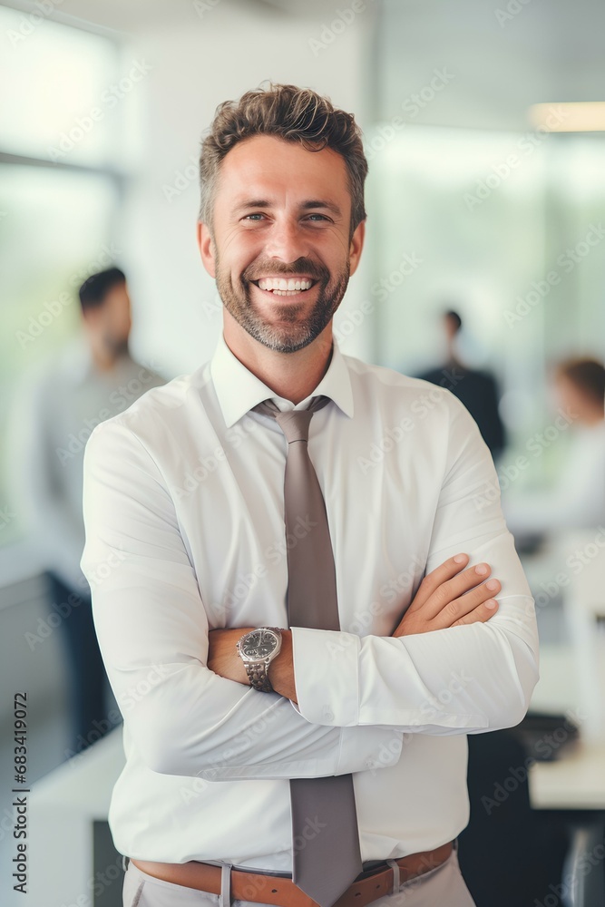 Happy businessman professional leader  standing in office. Smiling male employee, manager, confident entrepreneur at work. generative AI