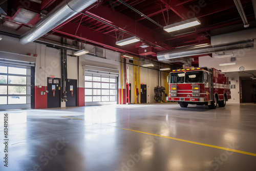 Red firetruck emergency car parked inside station. Generative AI