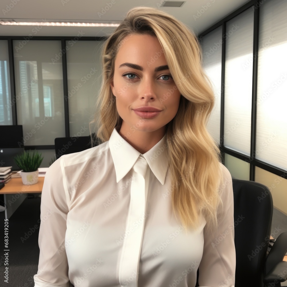 Beautiful blonde woman in the office smiling. Office work, employment, service industry. Beautiful blonde woman in the office smiling. Office work, employment, service industry.