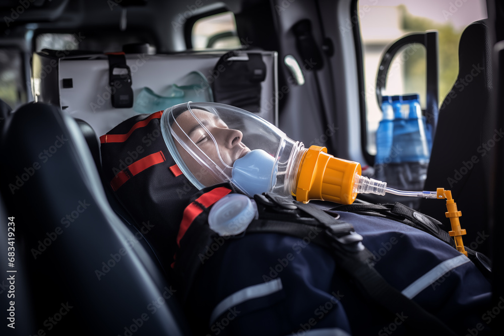 Injured patient wearing oxygen mask in ambulance car. Generative AI Injured patient wearing oxygen mask in ambulance car. Generative AI