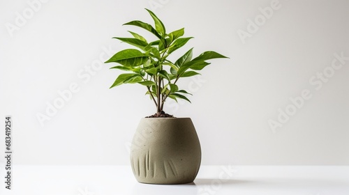A ceramic flower pot with a fresh green plant, illustrating growth and decor, standing vibrantly on a white tableau.
