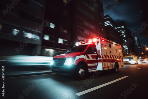 Ambulance car with flashing lights rushing on city street. Generative AI