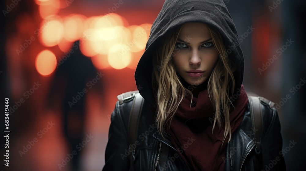 The face of a beautiful woman in a hood. Fashion and beauty. Mystery. The face of a beautiful woman in a hood. Fashion and beauty. Mystery.