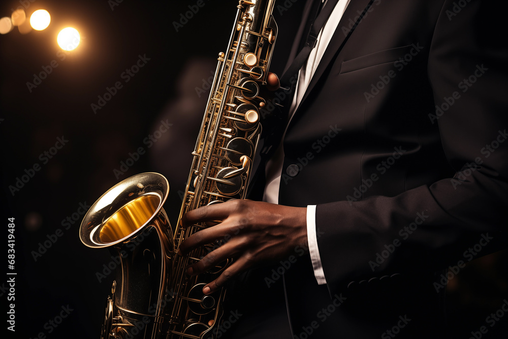 Obraz premium Musician performing on stage playing saxophone. Generative AI