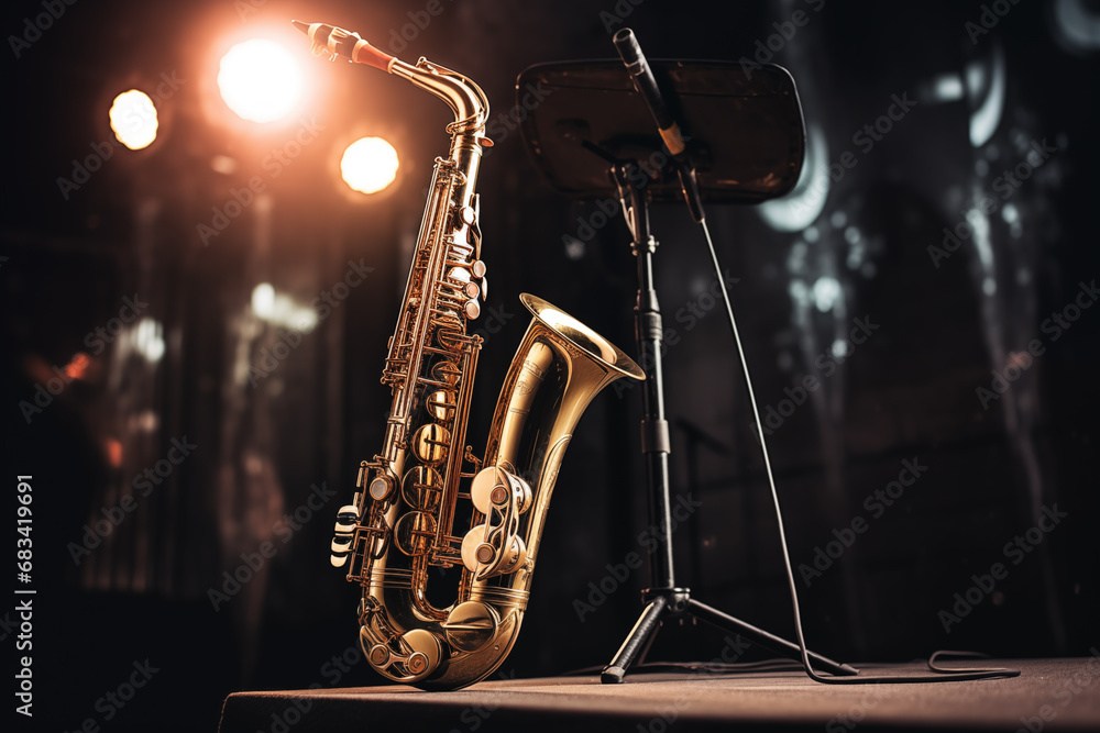 Saxophone wind musical instrument on stage with spotlight. Generative AI - obrazy, fototapety, plakaty 