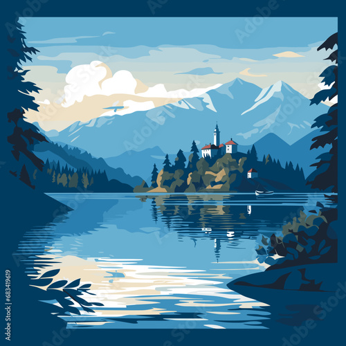 copy space, simple vector illustration, Lake Bled, Slovenia. Flat 2D illustration, beautiful lake Blad landscape.  The pilgrimage church dedicated to the Assumption of Mary on Bled island. Famous tour