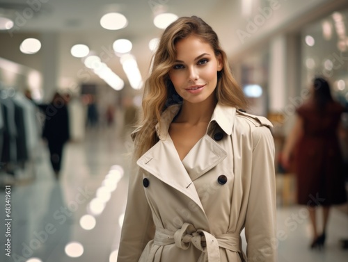 A beautiful woman in light fashionable clothes smiles welcomingly in a clothing store. Fashion and beauty. Shopping and consumption. photo