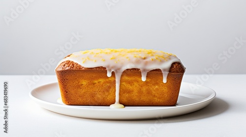 A minimalist lemon pound cake, its golden hue popping against the white background.