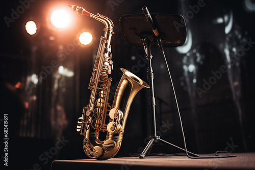Saxophone wind musical instrument on stage with spotlight. Generative AI photo