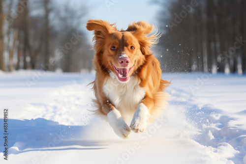 Happy cute dog running fast on winter park road. Generative AI