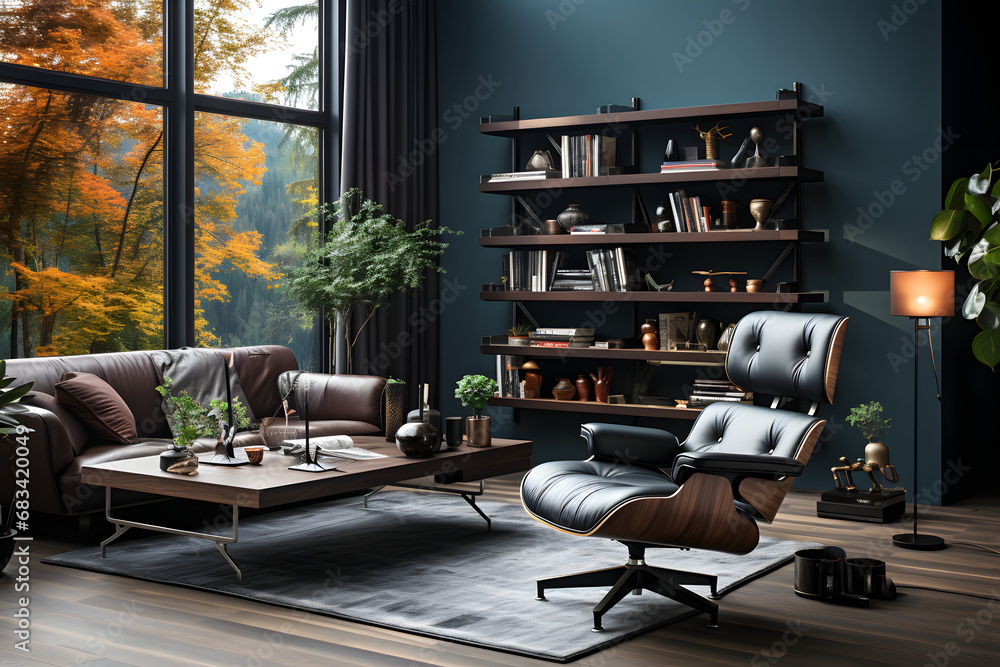 Interior of modern living room with black walls, wooden floor, comfortable brown armchairs and bookcase. ai generated
