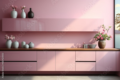 Kitchen-studio in pink and gray colors, example and design for the kitchen.