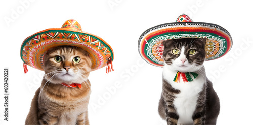 Set of Celebratory Cat with a Mexican Sombrero at a Mexican Hat Party, Isolated on Transparent Background, PNG 