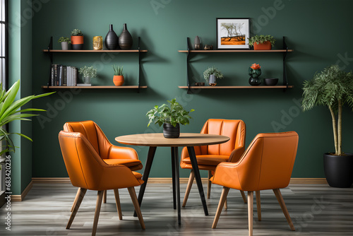 Orange leather chairs at round dining table against green wall. Scandinavian, mid-century home interior design of modern living room, ai generated