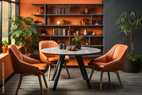 Orange leather chairs at round dining table against green wall. Scandinavian, mid-century home interior design of modern living room, ai generated