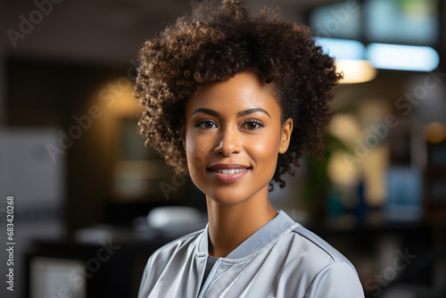 African-American woman with afro hairstyle and blue vest in a cafe or restaurant. ai generated
