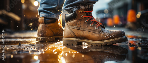  Durable Work Boots Splashing Through Puddles on Urban Construction Site.