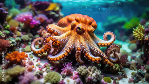 Octopus on a coral reef, creatures of the underwater marine world with vibrant colors in the background. Generated with AI