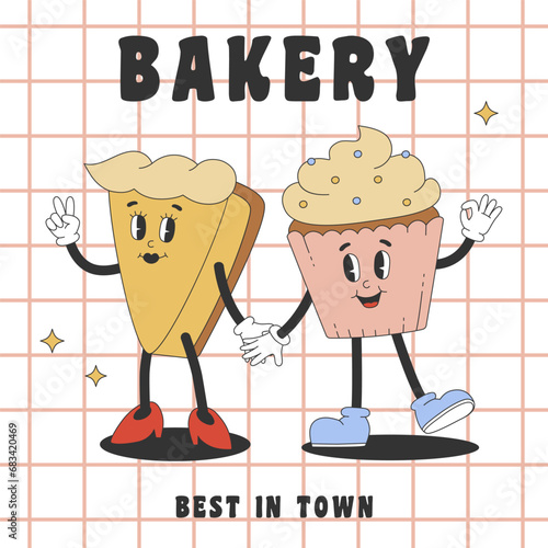 Poster for bakery with groovy piece of cake and cupcake characters. Cartoon character in trendy retro style. Vector illustration