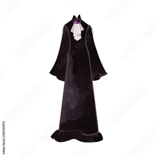 Women's black evening dress in Gothic style made of satin with a white shirtfront and brooch. Isolated watercolor illustration on white background. photo
