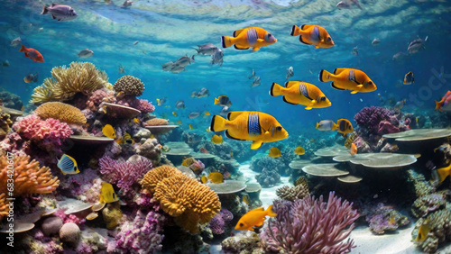 Underwater ecosystem with lively, colorful marine fish on a coral reef. Generated with AI