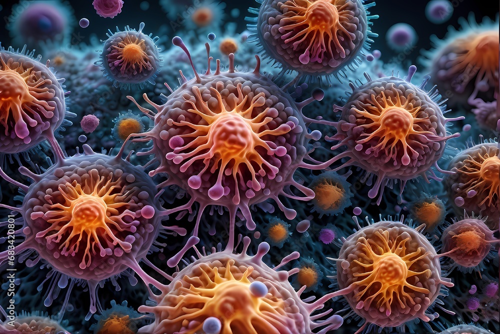 3D rendering of microscopic human and cancer cells on science day background