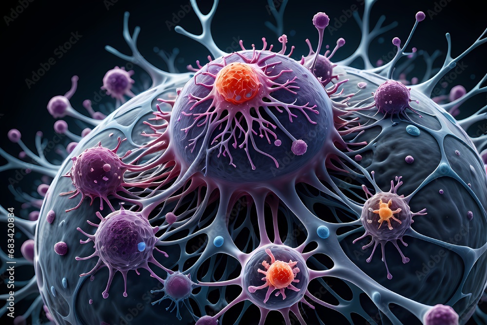 3D rendering of microscopic human and cancer cells on science day background 3D rendering of microscopic human and cancer cells on science day background