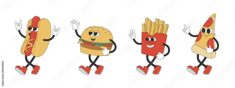 Groovy hot dog, burger, french fries and pizza. Cartoon characters in trendy retro style. Isolated vector illustration Groovy hot dog, burger, french fries and pizza. Cartoon characters in trendy retro style. Isolated vector illustration
