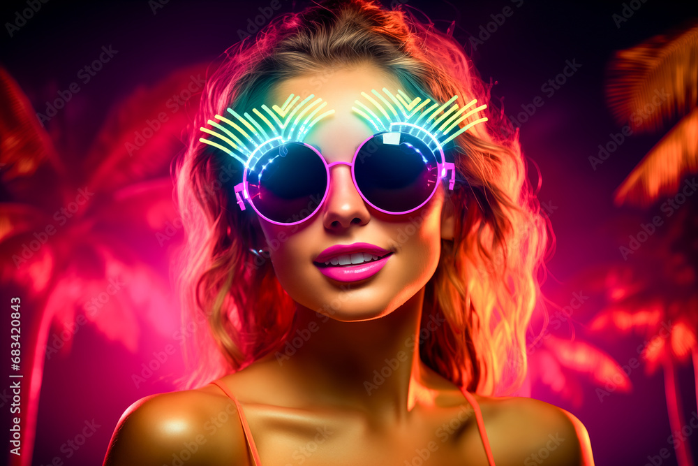 Woman in sunglasses clubbing at the hot summer vacation party, neon light, palm trees on background
