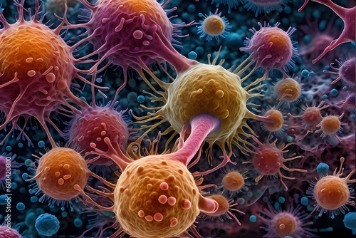 3D rendering of microscopic human and cancer cells on science day background