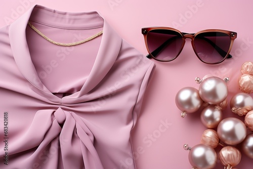 Glasses and pink dress on pink background, stylish example of women's clothing and accessories. © Niko_Dali